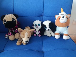 Lote 5 peluches perros y unicornio