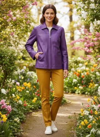 Chaqueta de piel morada para mujer
