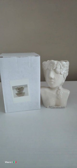 Vaso Ceramica Testa Donna Fiori Bianco