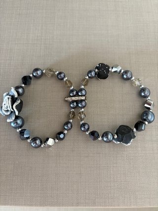Braccialetto vintage fiori perle nero argento