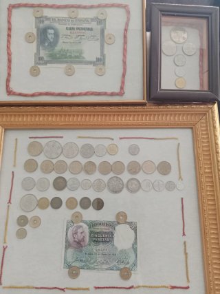 Oportunidad 3 cuadros monedas y billetes pesetas