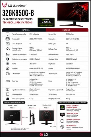 Monitor 32" (31,5") LG 32GK850G-B Negro 2k 165hz