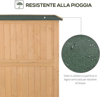 Capanno da Giardino in Legno di Abete con Doppia Porta, Rimessa per Attrezzi con Scaffali e Finestre, 127.5x50x164cm