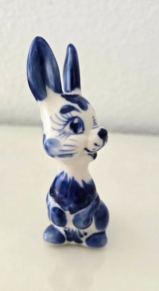 Figura Conejo Porcelana Gzhel Azul Blanco