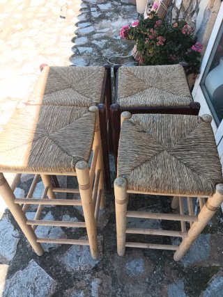 4 Taburetes Altos Madera y Esparto