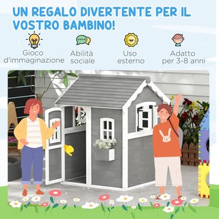 Casa para Niños de 3-8 Años Con 6 Ventanas y Jardineras, Casa de Juego de Madera de Abeto, 104.5X110X137 Cm, Gris