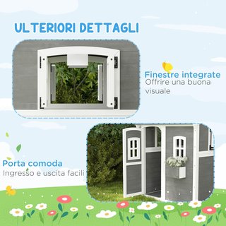 Casa para Niños de 3-8 Años Con 6 Ventanas y Jardineras, Casa de Juego de Madera de Abeto, 104.5X110X137 Cm, Gris