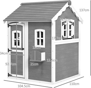 Casa para Niños de 3-8 Años Con 6 Ventanas y Jardineras, Casa de Juego de Madera de Abeto, 104.5X110X137 Cm, Gris