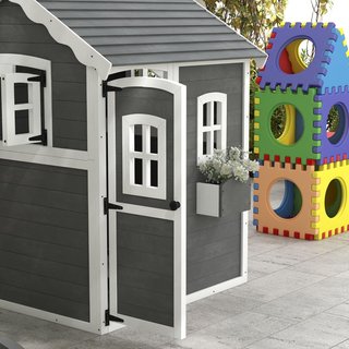 Casa para Niños de 3-8 Años Con 6 Ventanas y Jardineras, Casa de Juego de Madera de Abeto, 104.5X110X137 Cm, Gris