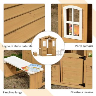 Casa dei Bambini in Legno, Giochi da Giardino per Bambini con Finestre, Recinzioni, Fioriere e Panca, 205X119X140 Cm, Legno Naturale e Bianco