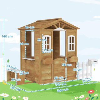Casa dei Bambini in Legno, Giochi da Giardino per Bambini con Finestre, Recinzioni, Fioriere e Panca, 205X119X140 Cm, Legno Naturale e Bianco