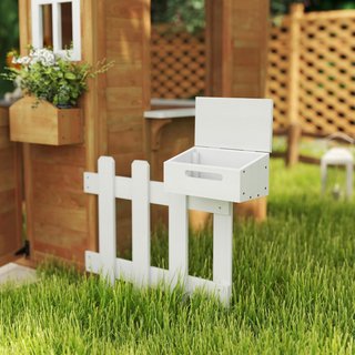 Casa dei Bambini in Legno, Giochi da Giardino per Bambini con Finestre, Recinzioni, Fioriere e Panca, 205X119X140 Cm, Legno Naturale e Bianco
