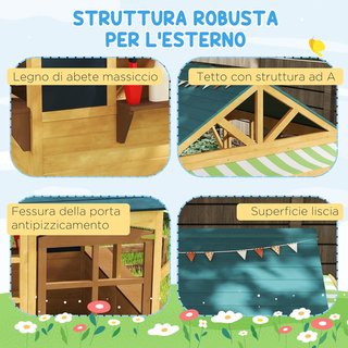 Casa de Niños de Madera de Abeto, Casa de Jardín Plegable con 5 Ventanas, Techo, Puerta y 2 Pizarras Negras, Casa de Exterior para Niños de 3 a 8 Años, 173X117X144 Cm, Marrón
