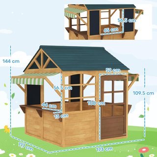 Casa de Niños de Madera de Abeto, Casa de Jardín Plegable con 5 Ventanas, Techo, Puerta y 2 Pizarras Negras, Casa de Exterior para Niños de 3 a 8 Años, 173X117X144 Cm, Marrón