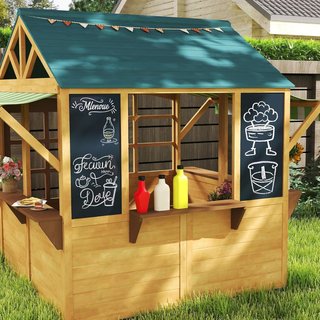 Casa de Niños de Madera de Abeto, Casa de Jardín Plegable con 5 Ventanas, Techo, Puerta y 2 Pizarras Negras, Casa de Exterior para Niños de 3 a 8 Años, 173X117X144 Cm, Marrón