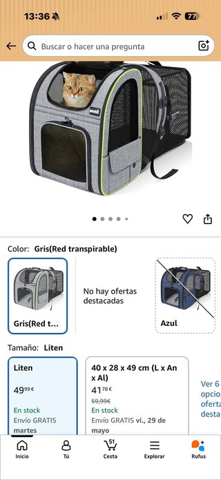 Mochila Transportín Gatos Perros Pecut Gris/Verde