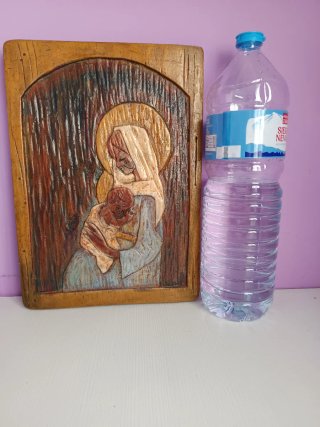 Cuadro Virgen Niño Talla Madera Antiguo
