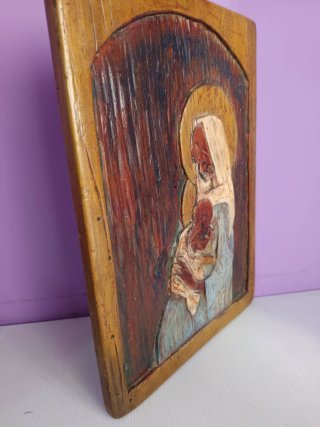 Cuadro Virgen Niño Talla Madera Antiguo