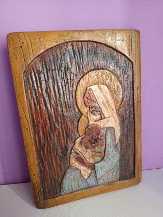 Cuadro Virgen Niño Talla Madera Antiguo