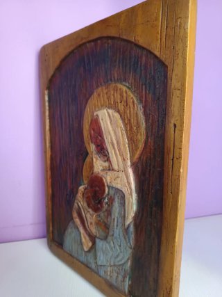Cuadro Virgen Niño Talla Madera Antiguo