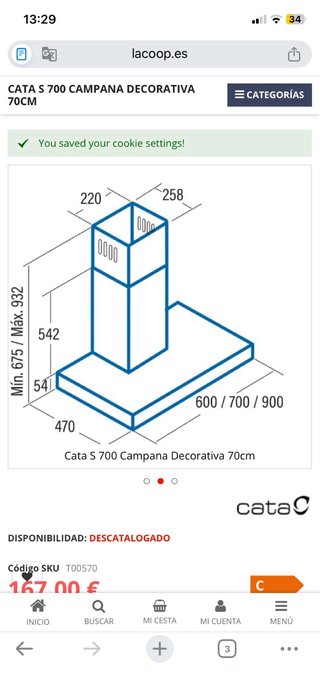 Campana extractora Cata S-700 (N) INOX 70cm
