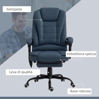 Sedia ergonomica da ufficio con 7 punti di massaggio e poggiapiedi, sedia da scrivania reclinabile in pelle PU con braccioli imbottiti, altezza regolabile e ruote girevoli, per studio, blu
