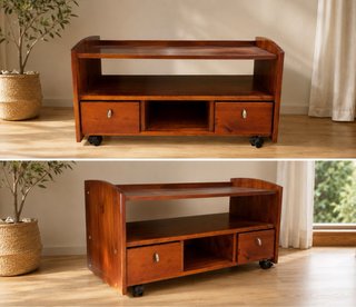 Mesa TV madera con ruedas y cajones