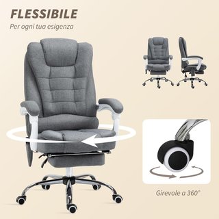 Sedia da Ufficio Massaggio 6 Punti Vibrante, Riscaldata e Poggiapiedi, Sedia da Scrivania Imbottitura Reclinabile in Tessuto di Velluto e Lino Traspirante con Telecomando e Altezza Regolabile, Grigio