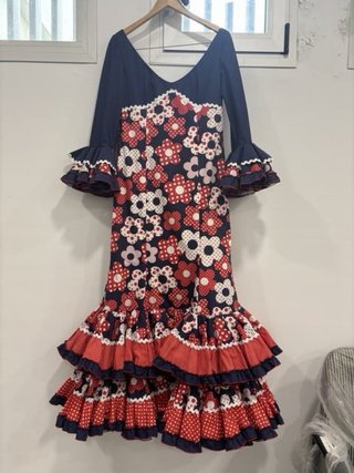 Vestido Flamenca Flores Azul y Rojo
