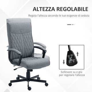 Sedia da Ufficio Girevole con Funzione di Oscillazione, Sedia da Scrivania con Altezza Regolabile e Alto Schienale, 65X72X102-112.5Cm, Grigio