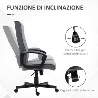 Sedia da Ufficio Girevole con Funzione di Oscillazione, Sedia da Scrivania con Altezza Regolabile e Alto Schienale, 65X72X102-112.5Cm, Grigio