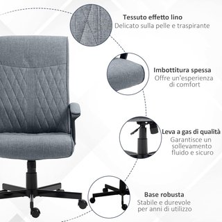 Sedia da Ufficio Girevole con Funzione di Oscillazione, Sedia da Scrivania con Altezza Regolabile e Alto Schienale, 65X72X102-112.5Cm, Grigio