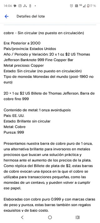 Lingote Cobre 1 Onza