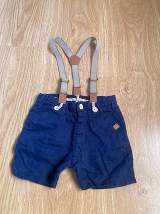 Pantalón corto lino con tirantes 9-12m