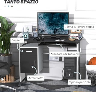 Escritorio para Computadora 100X52X75 Cm en MDF y Metal, Escritorio PC con Estante para Teclado, Armario y Cajón, Blanco y Negro