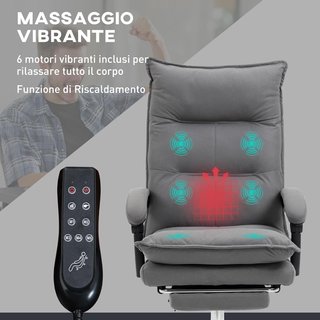 Sedia da Ufficio Massaggiante a 6 Punti Vibranti, Riscaldata e Poggiapiedi, Sedia da Scrivania Imbottitura Reclinabile in Pelle Traspirante con Bilanciamento, Telecomando, Altezza Regolabile, Grigia