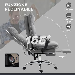 Sedia da Ufficio Massaggiante a 6 Punti Vibranti, Riscaldata e Poggiapiedi, Sedia da Scrivania Imbottitura Reclinabile in Pelle Traspirante con Bilanciamento, Telecomando, Altezza Regolabile, Grigia