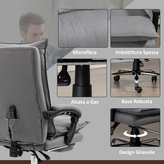 Sedia da Ufficio Massaggiante a 6 Punti Vibranti, Riscaldata e Poggiapiedi, Sedia da Scrivania Imbottitura Reclinabile in Pelle Traspirante con Bilanciamento, Telecomando, Altezza Regolabile, Grigia