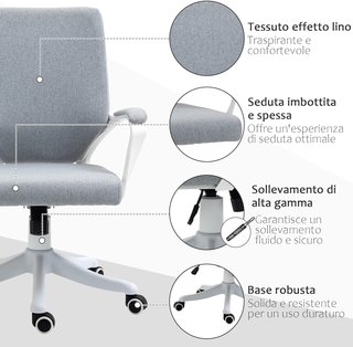 Sedia da ufficio ergonomica con altezza regolabile, sedia da scrivania con rivestimento girevole a 360° e funzione di oscillazione, in tessuto effetto lino traspirante, per studio, grigio