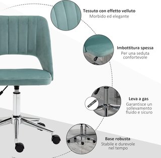 Sedia da Ufficio Ergonomica e Girevole, Sedia Imbottitura Scrivania con Altezza Regolabile, Verde Petrolio 49X60X79-91Cm