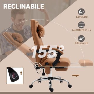 Sedia da ufficio ergonomica con massaggio e riscaldamento, sedia da scrivania reclinabile con schienale alto e poggiapiedi, in pelle PU per computer, marrone chiaro