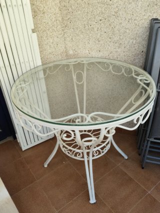 Mesa Terraza Jardín Cristal y Metal Blanca