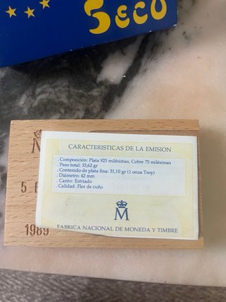 Moneda Plata 5 ECU 1989 Certificado Autenticidad