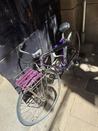 Bicicleta morada con cesta metálica