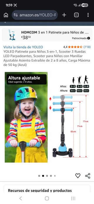 Patinete evolutivo 3 ruedas luces Yoleo