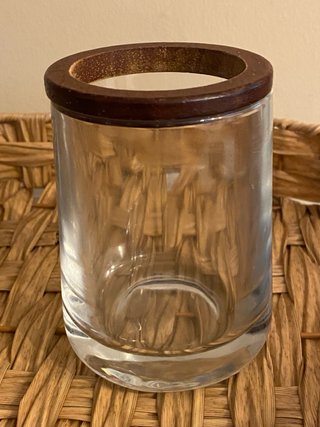 Juego dosificador jabón y vaso madera y cristal