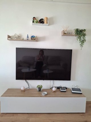 Conjunto salón moderno blanco y madera+estanterias