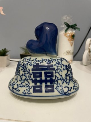 Jarrón Chino Porcelana Azul y Blanco con Tapa