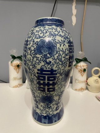 Jarrón Chino Porcelana Azul y Blanco con Tapa
