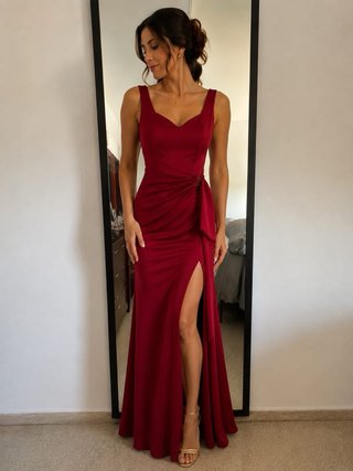 Vestido rojo con broche y abertura pierna izq.